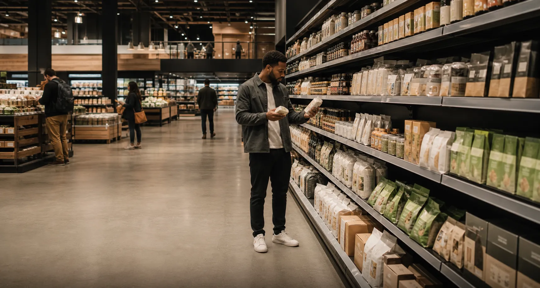 A shopper comparing products at the shelf inside a contemporary US grocery store
