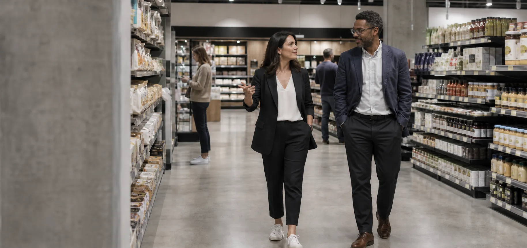 Two retail and brand professionals sharing a positive conversation while walking through a contemporary US grocery store