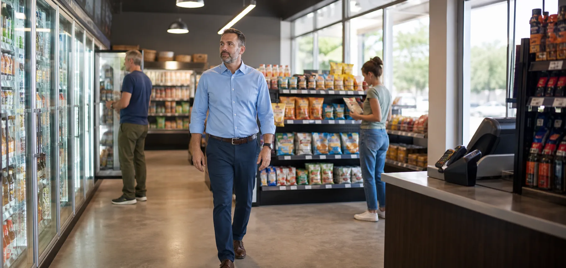 A retailer operator walking through a contemporary United States convenience store while customers browse